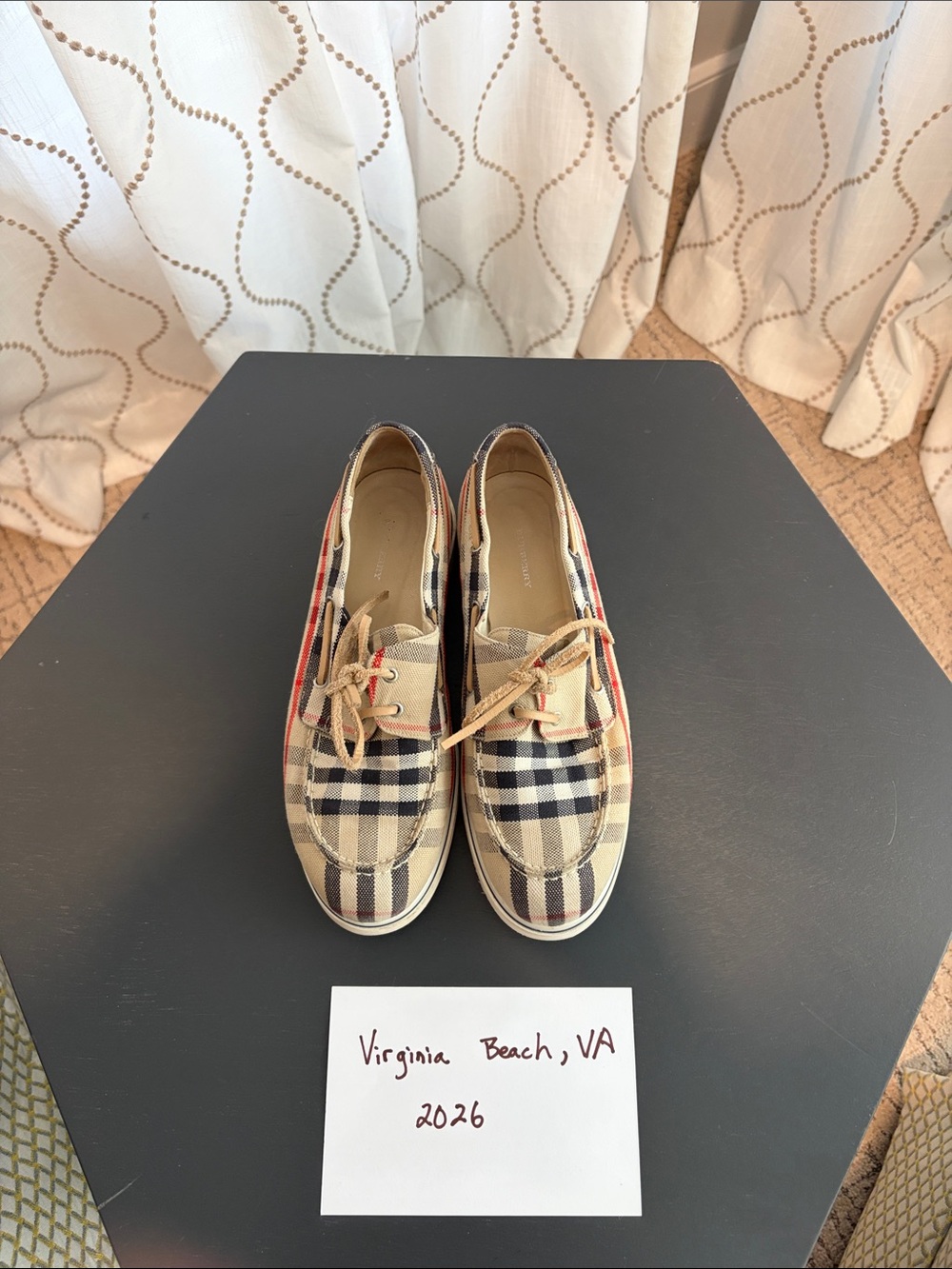 Burberry Beige/Navy/Tan Plaid Boat Shoes